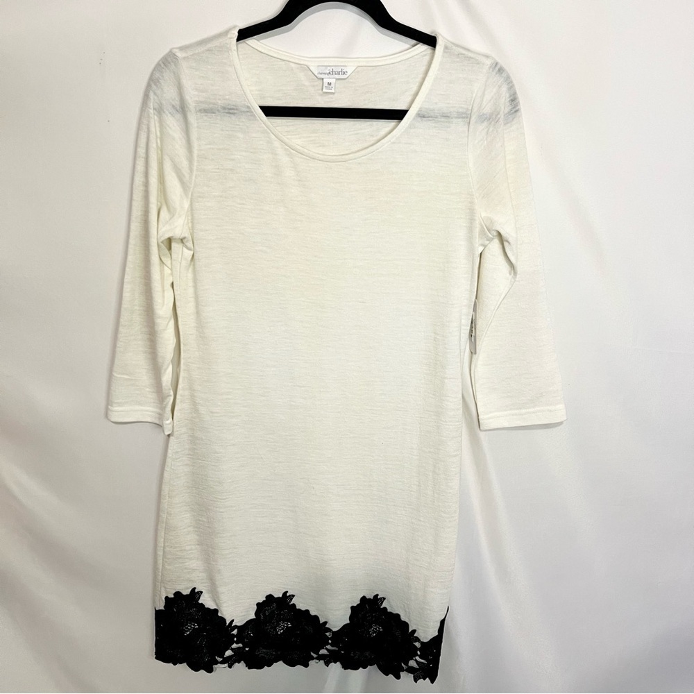 New Charming Charlie Women Sweater Dress Cream Black Lace Hem M